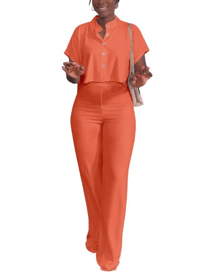 HBQ Women's Summer 2 Piece Outfits Casual Tracksuit Short Sleeve Button Down Crop Top Wide Leg Long Pant Lounge Sets-L-Orange Solid - Image 4