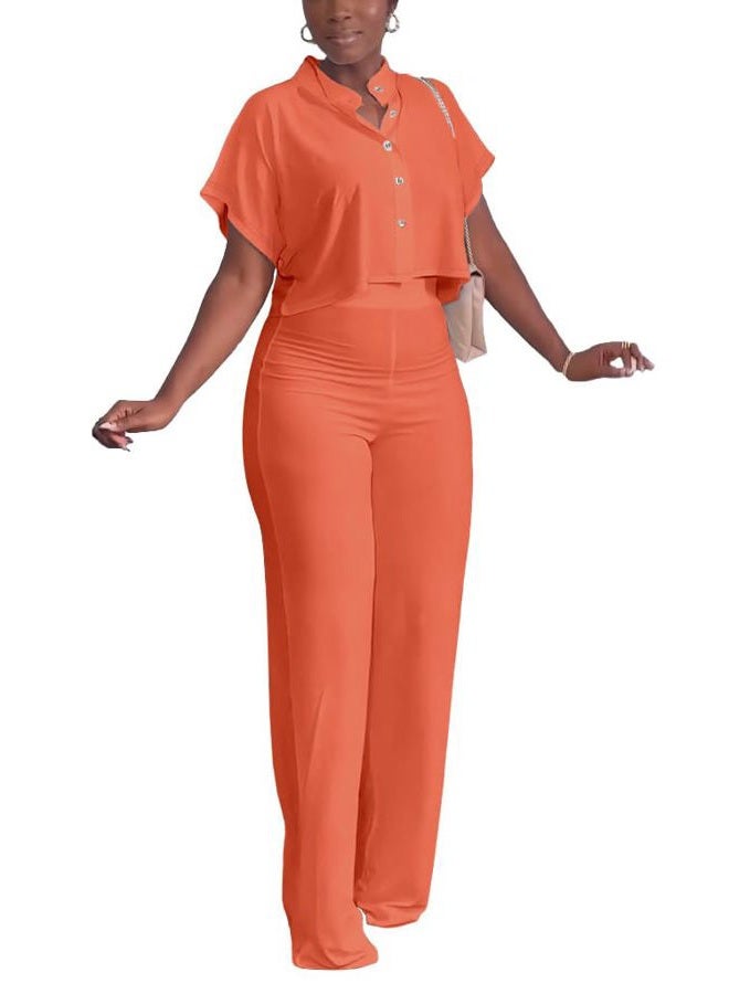 HBQ Women's Summer 2 Piece Outfits Casual Tracksuit Short Sleeve Button Down Crop Top Wide Leg Long Pant Lounge Sets-L-Orange Solid - Image 5