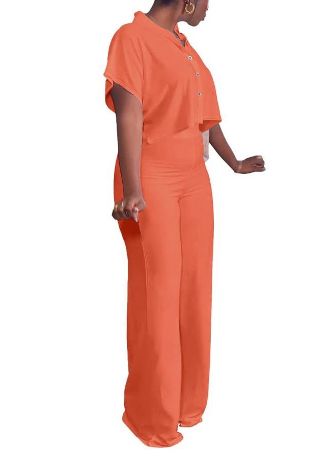 HBQ Women's Summer 2 Piece Outfits Casual Tracksuit Short Sleeve Button Down Crop Top Wide Leg Long Pant Lounge Sets-L-Orange Solid - Image 3