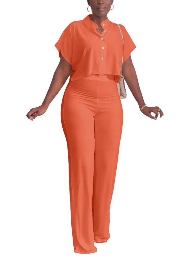 HBQ Women's Summer 2 Piece Outfits Casual Tracksuit Short Sleeve Button Down Crop Top Wide Leg Long Pant Lounge Sets-L-Orange Solid - Image 1