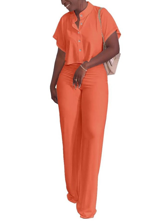 HBQ Women's Summer 2 Piece Outfits Casual Tracksuit Short Sleeve Button Down Crop Top Wide Leg Long Pant Lounge Sets-L-Orange Solid - Image 2