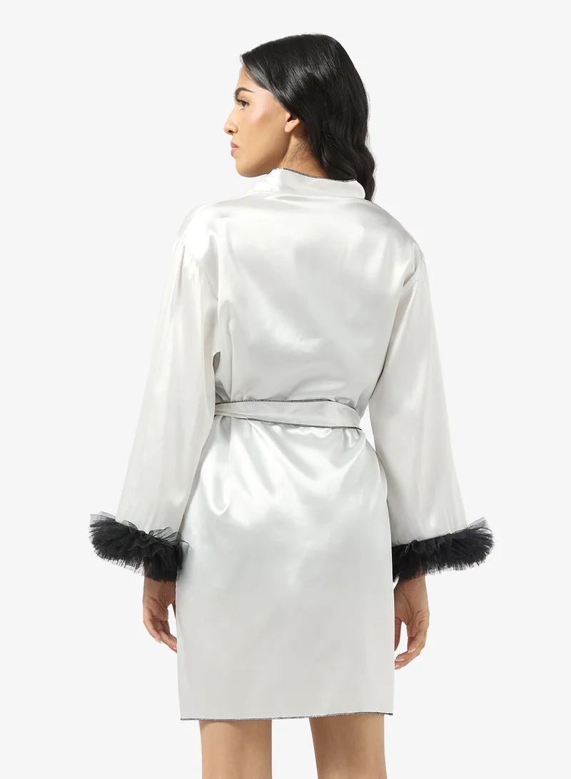 جينجر Satin Robe with Feather Detail