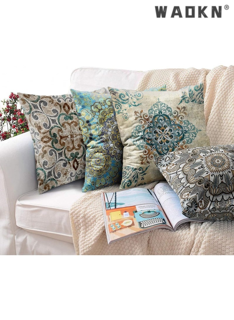 دبليو أيه أو كي أن مجموعة واحدة من 4 وسادة القضية الرجعية مجردة بوهيميا براون الأخضر سماوي ورمادي أوراق النباتات والزهور وسادة القضية ديكور المنزل معيار مربع 18x18 بوصة وسادة القضية - Image 5
