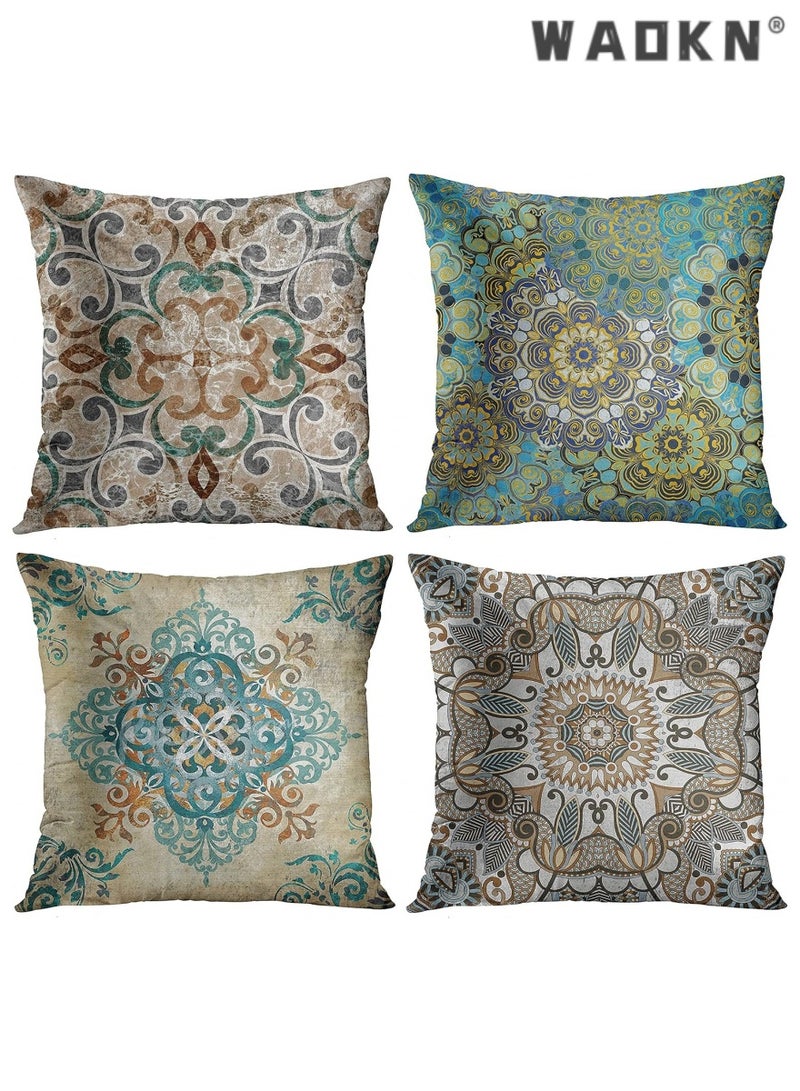دبليو أيه أو كي أن مجموعة واحدة من 4 وسادة القضية الرجعية مجردة بوهيميا براون الأخضر سماوي ورمادي أوراق النباتات والزهور وسادة القضية ديكور المنزل معيار مربع 18x18 بوصة وسادة القضية - Image 1