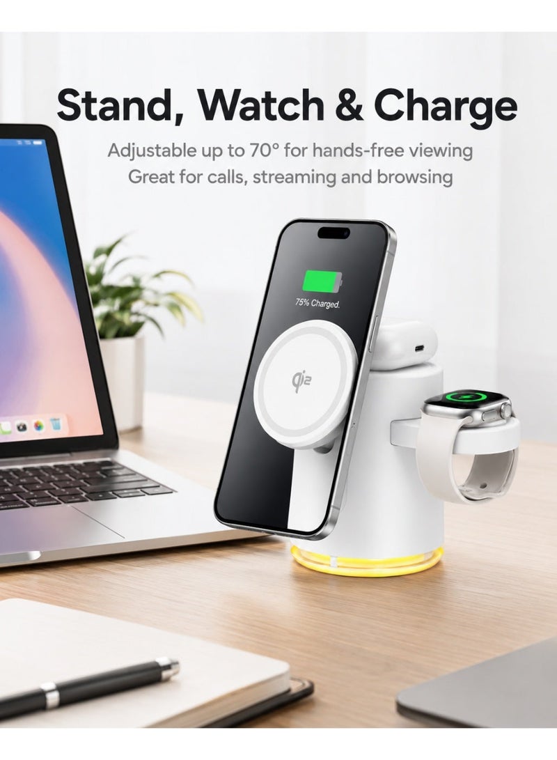 Qi2 Certified 4-in-1 Magnetic Wireless Charger Stand | True 15W Fast Charging Station for iPhone, Apple Watch & Earbuds | Foldable Travel Hub with 3-Mode LED Night Light - White - Image 5