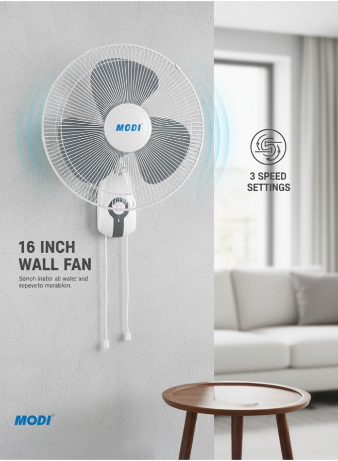 مودي مروحة حائط مقاس 16 بوصة، 3 إعدادات للسرعة، تدفق هواء قوي، محرك صامت، تذبذب ومؤقت، مثالية للمنزل والمكتب - Image 1