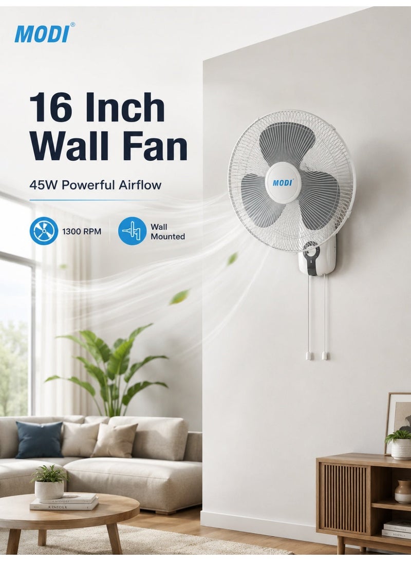 MODI 16 Inch Wall Fan, 45W 3 Speed Wall Mounted Cooling Fan, Wide Oscillation, Adjustable Tilt, Low Noise Motor, Safety Grill, Pull Cord Control for Home Office Shop - Image 1
