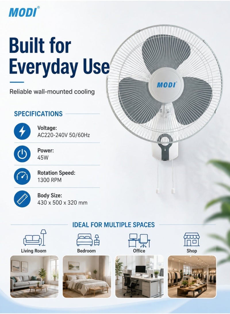 MODI 16 Inch Wall Fan, 45W 3 Speed Wall Mounted Cooling Fan, Wide Oscillation, Adjustable Tilt, Low Noise Motor, Safety Grill, Pull Cord Control for Home Office Shop - Image 4