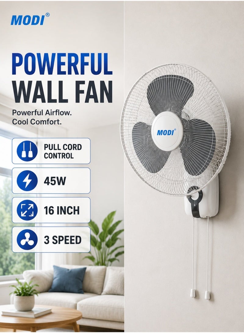 MODI 16 Inch Wall Fan, 45W 3-Speed Wall Mounted Cooling Fan with Pull-Cord Control, 1300 RPM Powerful Airflow, Wide Oscillation, Adjustable Tilt, Low-Noise Motor and Metal Safety Grill - Image 1