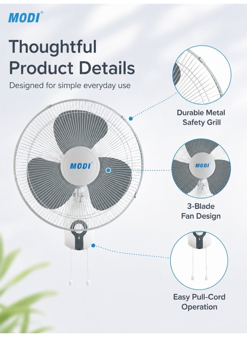 MODI 16 Inch Wall Fan, 45W 3-Speed Wall Mounted Cooling Fan with Pull-Cord Control, 1300 RPM Powerful Airflow, Wide Oscillation, Adjustable Tilt, Low-Noise Motor and Metal Safety Grill - Image 5