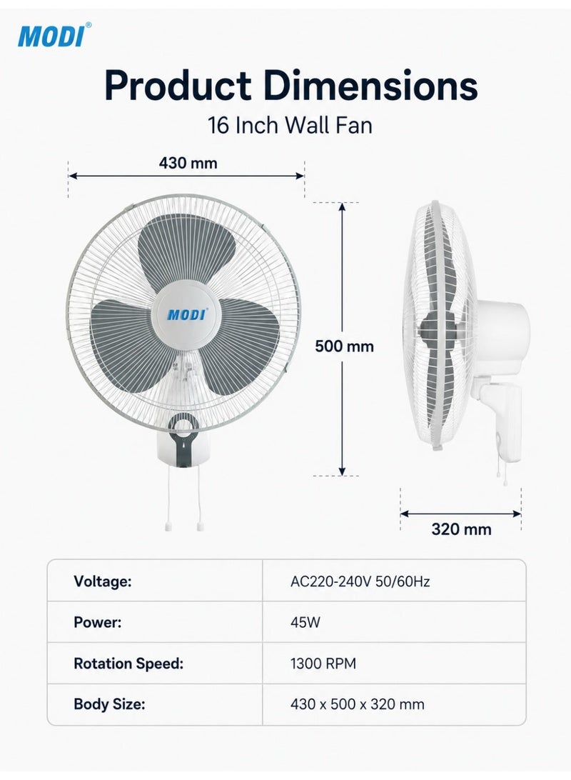 MODI 16 Inch Wall Fan, 45W 3-Speed Wall Mounted Cooling Fan with Pull-Cord Control, 1300 RPM Powerful Airflow, Wide Oscillation, Adjustable Tilt, Low-Noise Motor and Metal Safety Grill - Image 2