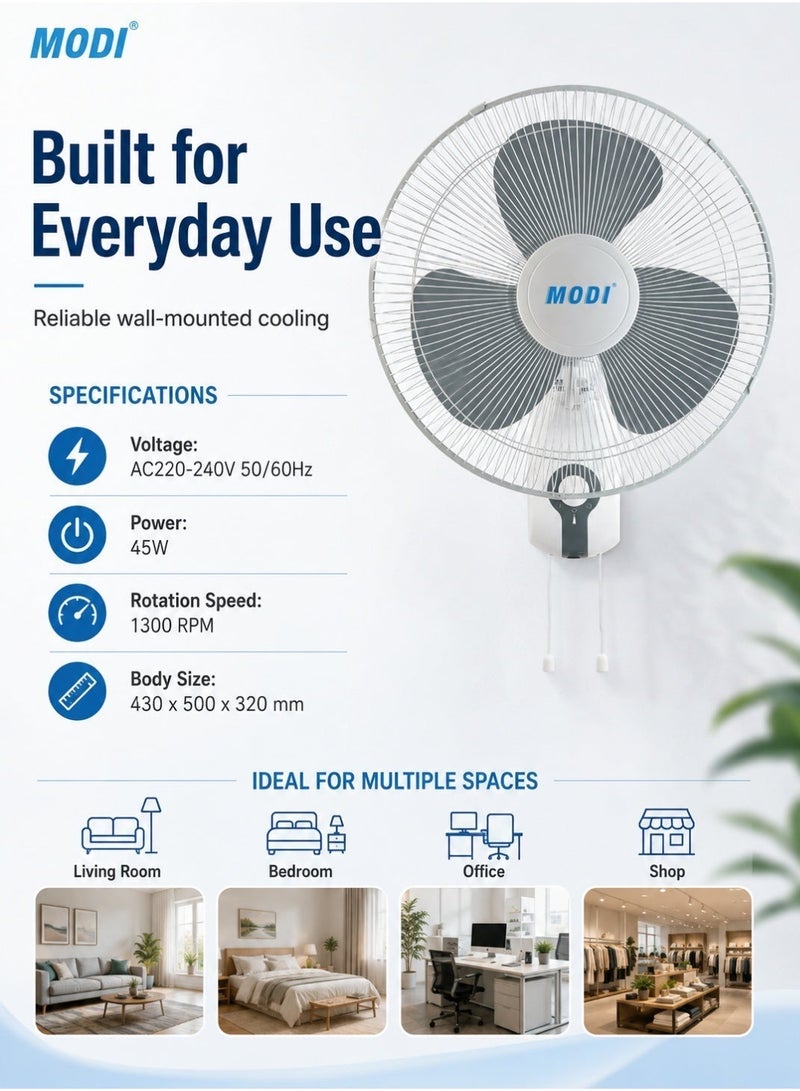 MODI 16 Inch Wall Fan, 45W 3-Speed Wall Mounted Cooling Fan with Pull-Cord Control, 1300 RPM Powerful Airflow, Wide Oscillation, Adjustable Tilt, Low-Noise Motor and Metal Safety Grill - Image 4
