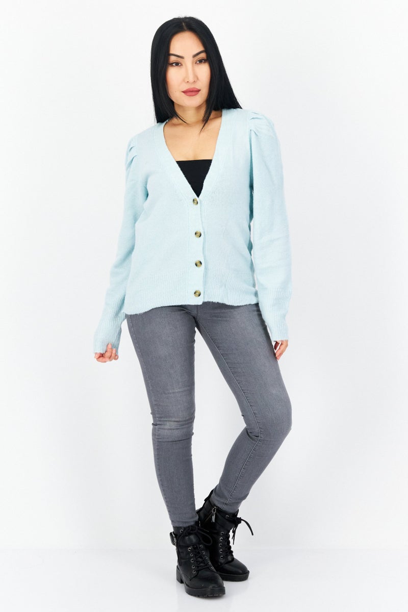 BRAVE SOUL Women V-Neck Long Sleeve Textured Cardigan, Mint - Image 3