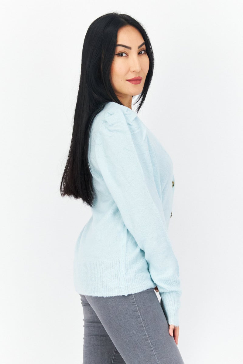 BRAVE SOUL Women V-Neck Long Sleeve Textured Cardigan, Mint - Image 2