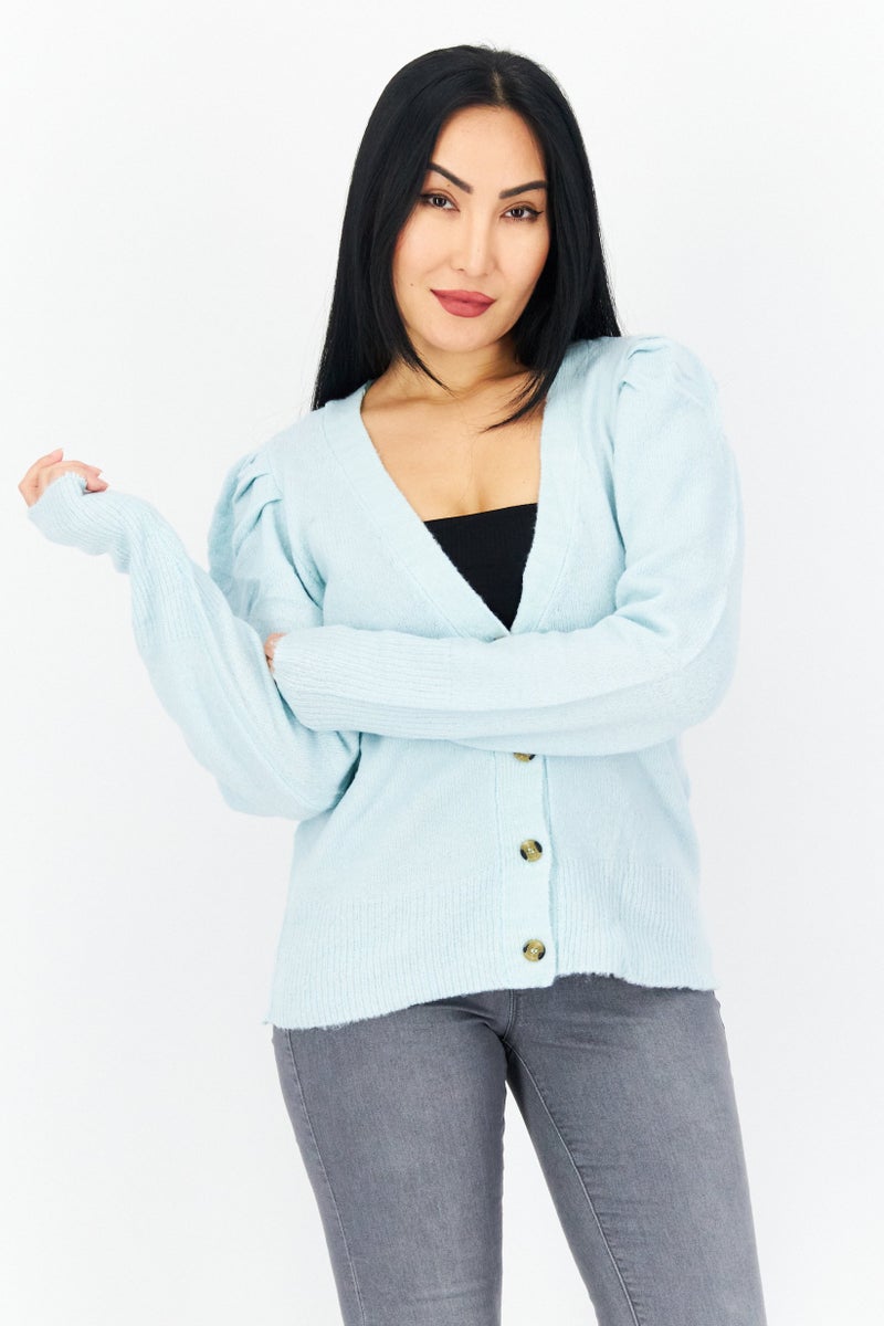 BRAVE SOUL Women V-Neck Long Sleeve Textured Cardigan, Mint - Image 1