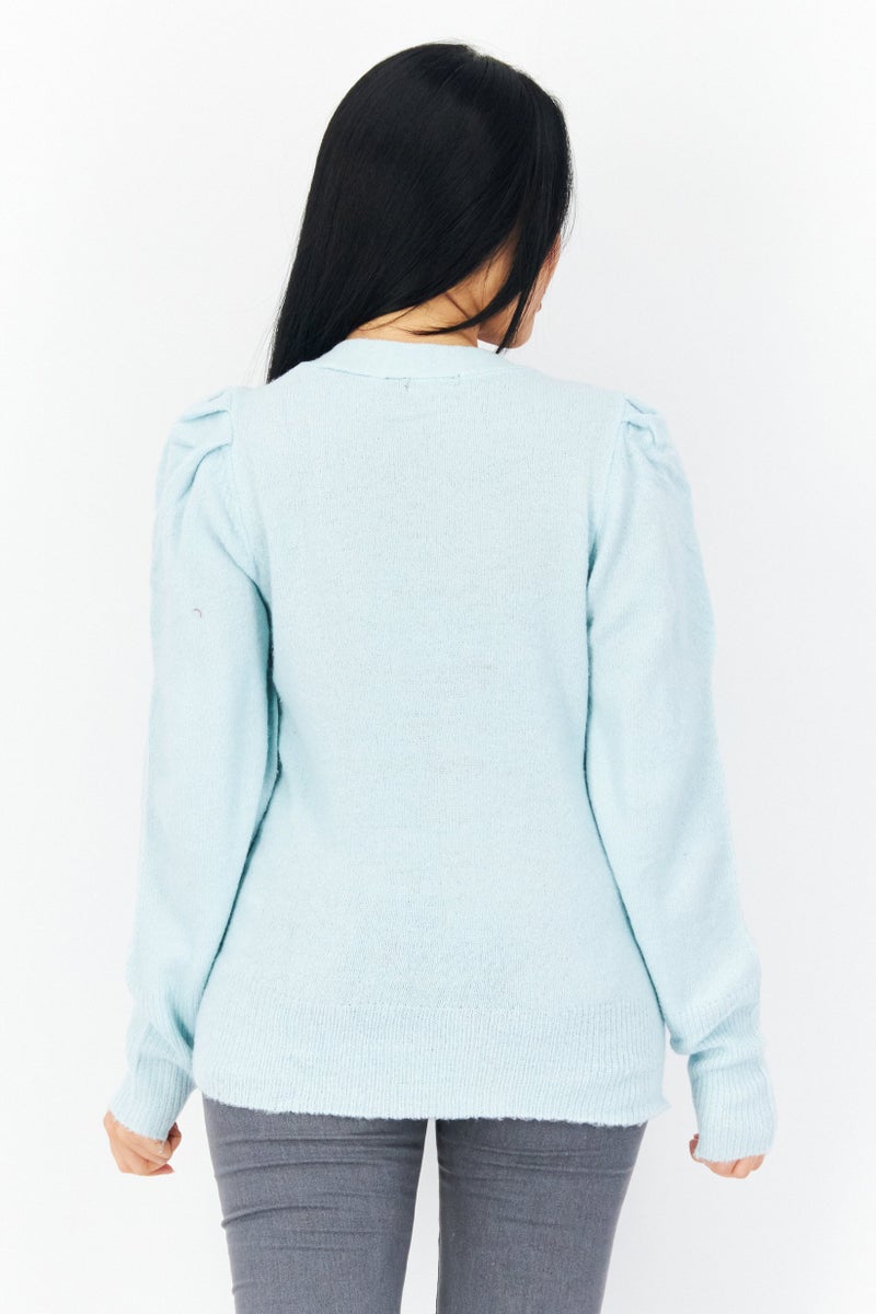 BRAVE SOUL Women V-Neck Long Sleeve Textured Cardigan, Mint - Image 4