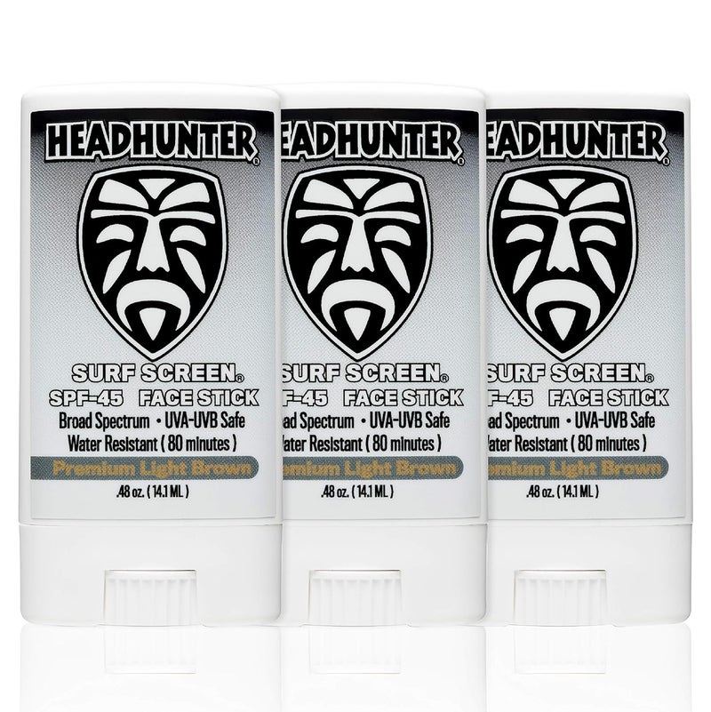 Headhunter Sunscreen Face Stick SPF 45, Waterproof Surf Sunblock for Waterman, Water-Resistant Facial Sunscreen for Ultra-Sport Protection and Solar Defense (80 min), Tinted Light Brown