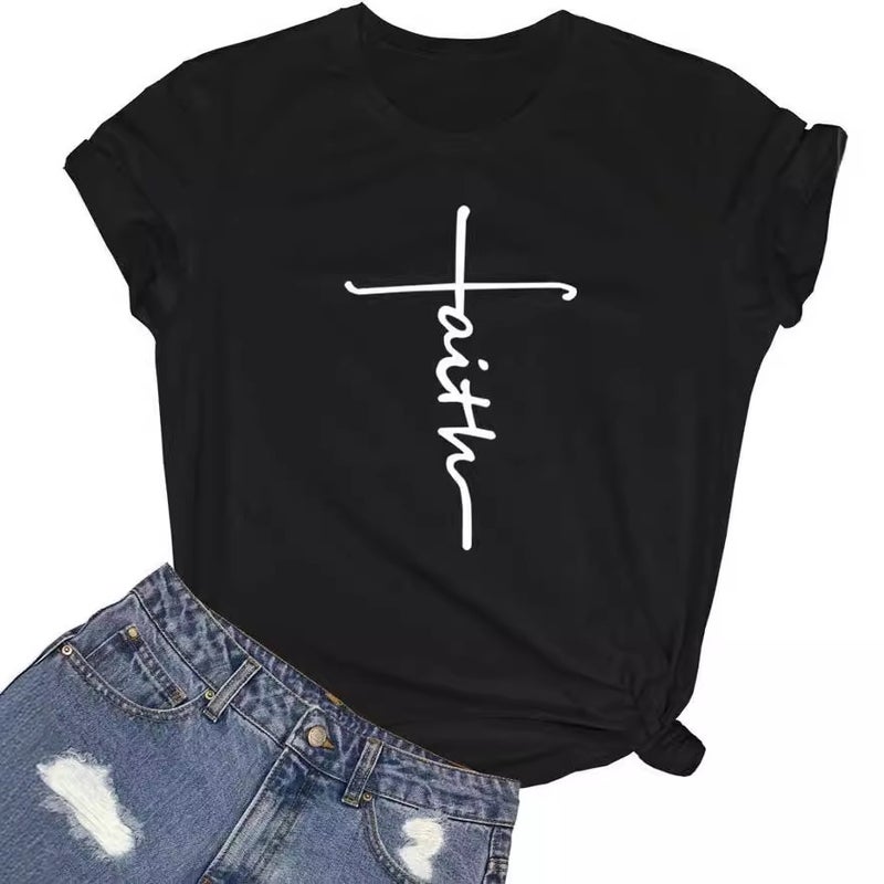 Pure Cotton Size Letter Line Pattern Printed T-Shirt Women'S Short Sleeve Summer Round Neck - Image 2