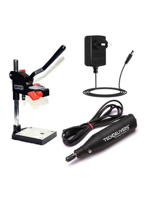 TECHDELIVERS Mini Electric Drill For Goldsmith Pcb Driller Rotary Machine with Hand Drill Machine Stand Press and Power Supply Adaptor Bit Set