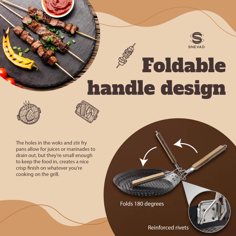 Snevad Snevad Round BBQ Non-Stick Grilling Skillet, Anti-Rust Grilling Pan with Wooden Handle Detachable Grill Accessories Cooking Tools Barbecue Nonstick Pan Grill Skillet Pizza Baking Tray [53x30x8 CM]  - Image 3