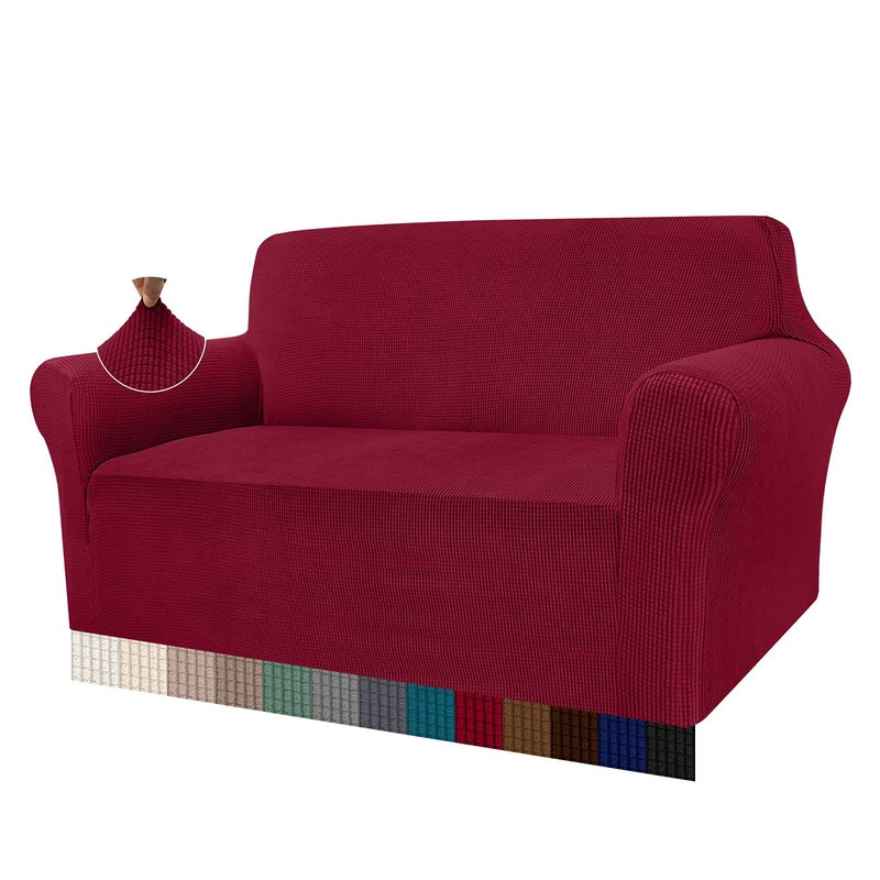 Granbest High Stretch Sofa Covers 2 Seater Super Soft Loveseat Cover Universal Couch Covers Jacquard Sofa Cover for Dogs Non Slip Furniture Protector Machine Washable 2 Seater Wine Red