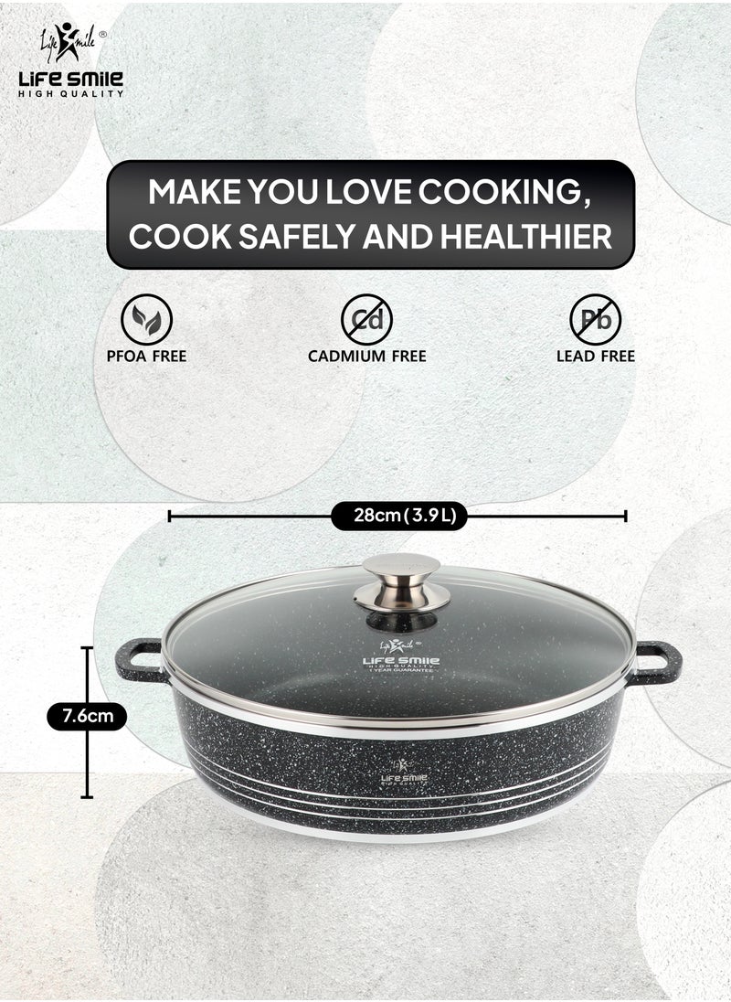 Life Smile 28cm (3.9 Liter) LIFE SMILE Shallow Pot with Lid | Non Stick PFOA FREE Granite Coating Frying Pan | Oven Safe | Dishwasher Safe | Double Handle (Black)  - Image 3