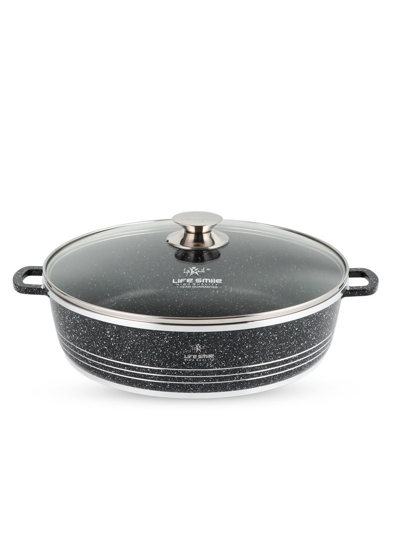 Life Smile 28cm (3.9 Liter) LIFE SMILE Shallow Pot with Lid | Non Stick PFOA FREE Granite Coating Frying Pan | Oven Safe | Dishwasher Safe | Double Handle (Black)  - Image 1