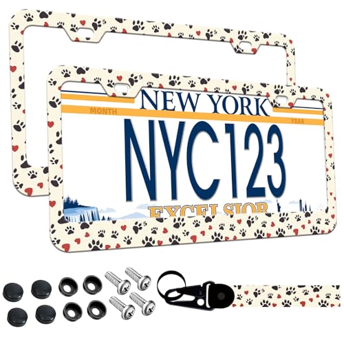 BDFHYK 2Pack Dog Cat Paw License Plate Frames 2 Holes Cute paw Print Aluminum License Plate Holder for Women Man Pink Heart License Plate Cover fits US Vehicles 123 x 63 with Keychain Wrist Lanyard - Image 1