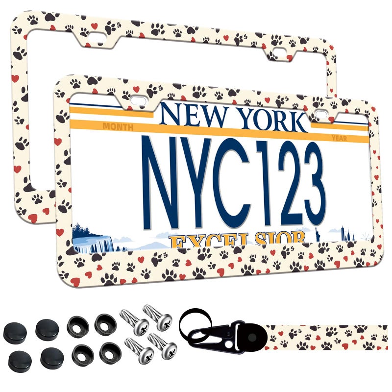 BDFHYK 2Pack Dog Cat Paw License Plate Frames 2 Holes Cute paw Print Aluminum License Plate Holder for Women Man Pink Heart License Plate Cover fits US Vehicles 123 x 63 with Keychain Wrist Lanyard - Image 3