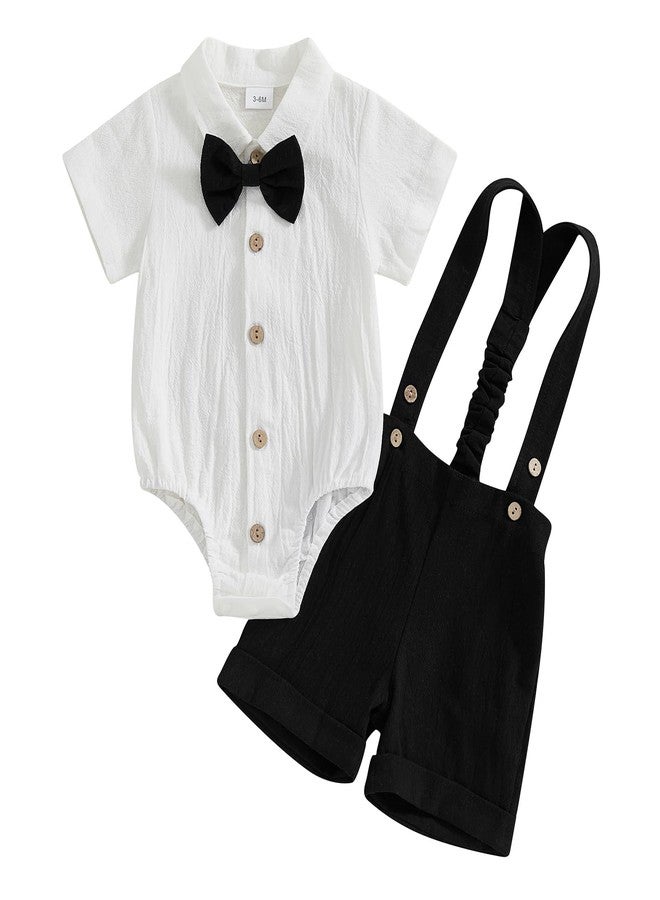 GOOCHEER Newborn Baby Boy Gentleman Outfit Suit Short Sleeve Bowtie Romper Jumpsuit Suspender Shorts Set Summer Dress Clothes (Black, 12-18 Months) - Image 1