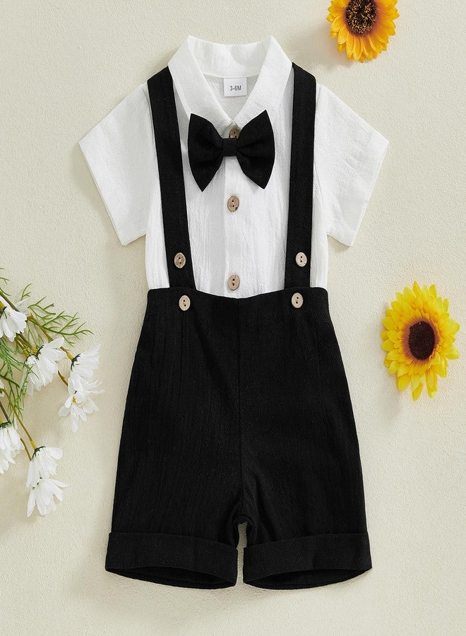 GOOCHEER Newborn Baby Boy Gentleman Outfit Suit Short Sleeve Bowtie Romper Jumpsuit Suspender Shorts Set Summer Dress Clothes (Black, 12-18 Months) - Image 2