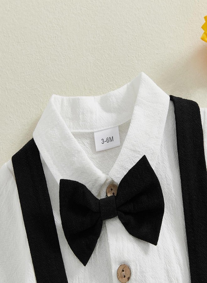 GOOCHEER Newborn Baby Boy Gentleman Outfit Suit Short Sleeve Bowtie Romper Jumpsuit Suspender Shorts Set Summer Dress Clothes (Black, 12-18 Months) - Image 4