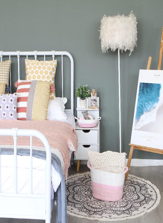 Hinwo Oval Cotton Rope Storage Basket Collapsible Nursery Storage Box Container Organizer with Handles, 13 x 10 inches, Off White and Pink - Image 3