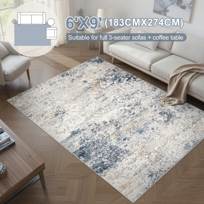 DMOYEST Area Rug Living Room Rugs - 6x9 Abstract Large Soft Indoor Washable Rug Neutral Modern Low Pile Carpet for Bedroom Dining Room Farmhouse Home Office - Beige Blue - Image 3