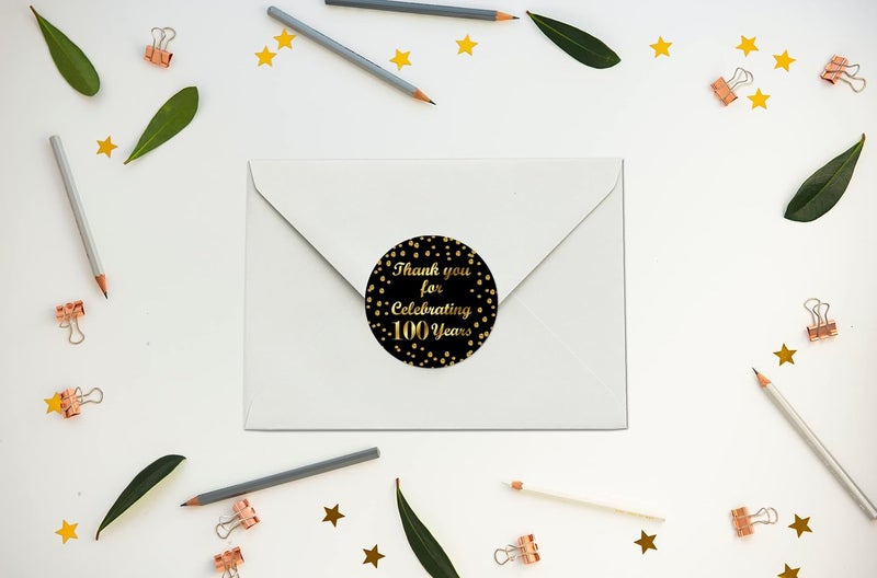 RokAPary 100th Birthday Round 2 Inch Big Glossy Stickers Thank You for Celebrating 100 Years Black and Gold Labels Great for Party Favors Decorations Tags Gift Bags and Supplies Made in USA - Image 4