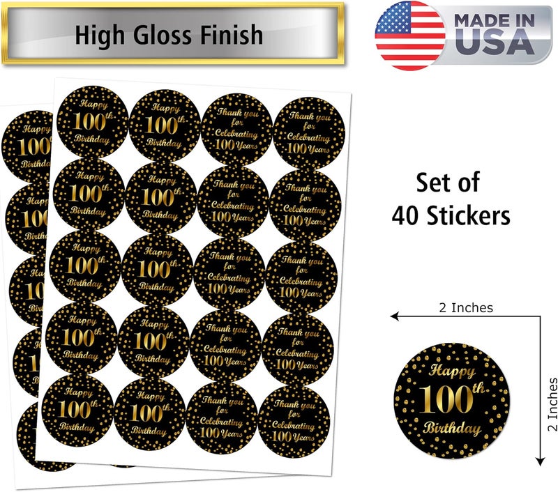 RokAPary 100th Birthday Round 2 Inch Big Glossy Stickers Thank You for Celebrating 100 Years Black and Gold Labels Great for Party Favors Decorations Tags Gift Bags and Supplies Made in USA - Image 2