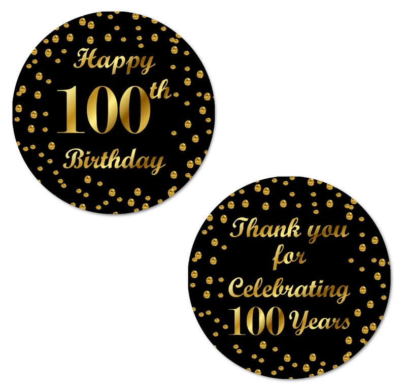 RokAPary 100th Birthday Round 2 Inch Big Glossy Stickers Thank You for Celebrating 100 Years Black and Gold Labels Great for Party Favors Decorations Tags Gift Bags and Supplies Made in USA - Image 1