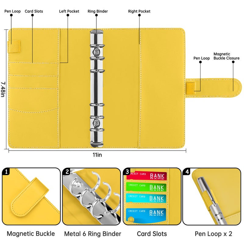 Antner A6 Notebook Binder Refillable 6 Ring Budget Binder Cover for A6 Refill Paper, PU Leather Budget Planner Organizer with Magnetic Buckle, Loose Leaf Personal Planner, Lemon Yellow - Image 2