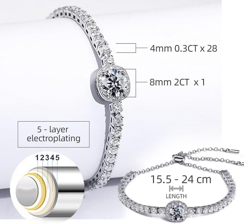 FEIKFEIZ Moissanite Tennis Bracelet, 2 Carat 8mm Lab-Created Moissanite Diamond, Adjustable Women's Jewelry Gift - Image 4