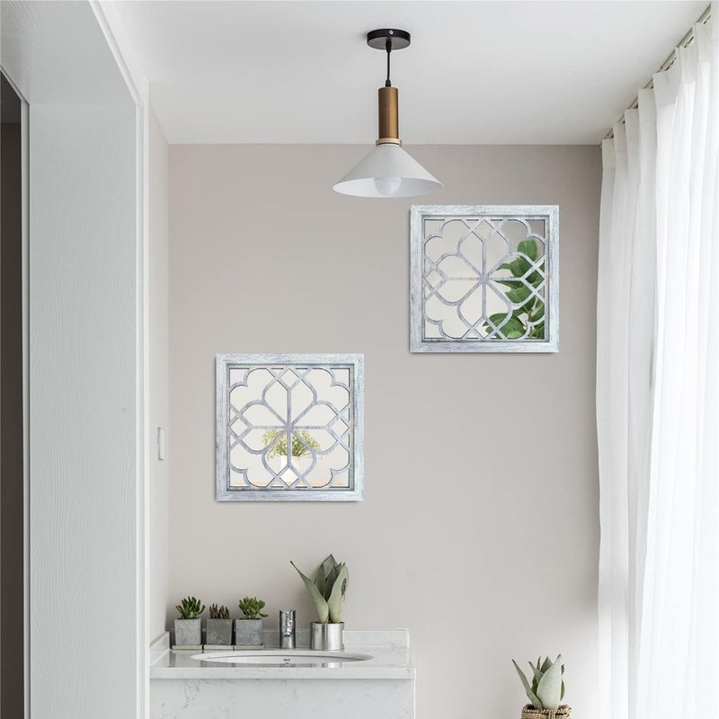 Wocred 2 PCS Square Wall Mirror,Gorgeous Rustic Farmhouse Accent Mirror,Rustic White Color Entry Mirror for Bathroom Renovation,Bedrooms,Living Rooms and More(12”x12”) - Image 3