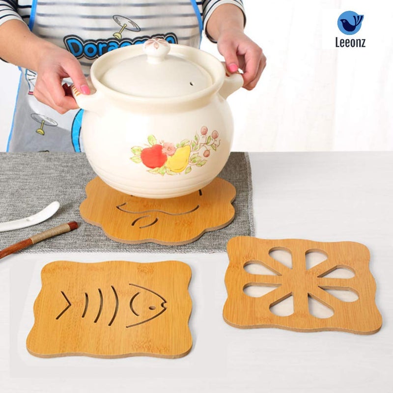 Leeonz 3 Pcs Bamboo Trivet Heat Resistant Table Mats Non-Slip Placemats Thickened Wood Trivets Hollow Design for Dishes, Pot, Bowl, Teapot, Hot Pot Holders - Image 2