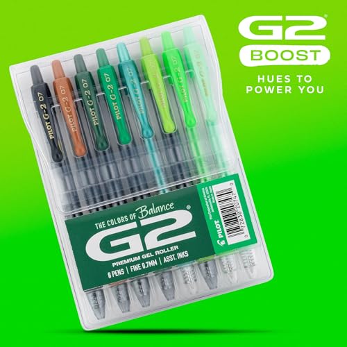 Pilot G2 Premium Gel Roller Pens, Fine Point Gel Pens, Boost Green Pack, The Colors of Balance, 8-Pack Pouch, 0.7 mm, Assorted - Ideal for School, Journaling, & Office Writing - Image 2