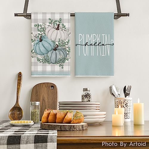 Artoid Mode Pink Eucalyptus Leaves Hello Pumpkin Fall Kitchen Towels Dish Towels, 18x26 Inch Farmhouse Give Thanks Decoration Hand Towels Set of 4 - Image 2