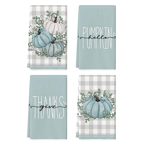 Artoid Mode Pink Eucalyptus Leaves Hello Pumpkin Fall Kitchen Towels Dish Towels, 18x26 Inch Farmhouse Give Thanks Decoration Hand Towels Set of 4 - Image 1