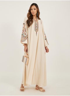 Styli Cream Embroidered Stand Collar Jalabiya  - Image 1