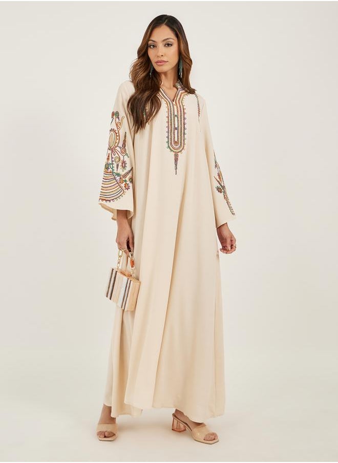 Styli Cream Embroidered Stand Collar Jalabiya  - Image 1