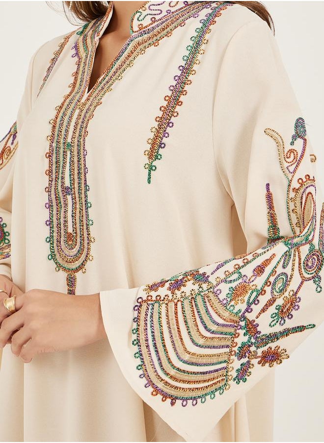 Styli Cream Embroidered Stand Collar Jalabiya  - Image 4