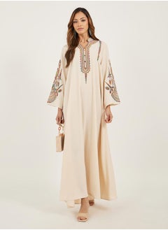 Styli Cream Embroidered Stand Collar Jalabiya  - Image 2