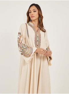Styli Cream Embroidered Stand Collar Jalabiya  - Image 3