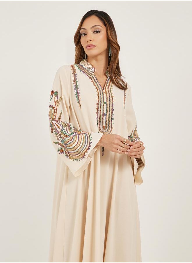 Styli Cream Embroidered Stand Collar Jalabiya  - Image 3